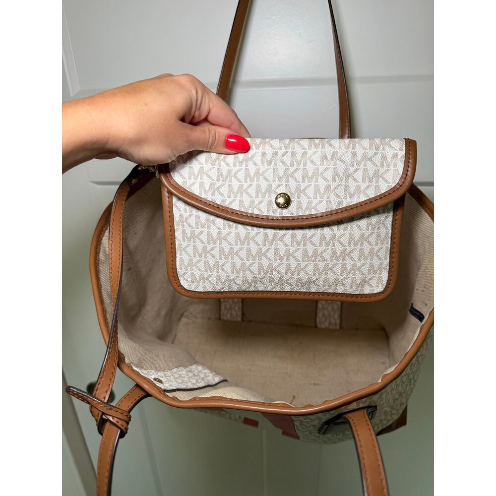 Michael Kors Signature MK Logo Large Tote Bag Pink White Stripe Brown + Pouch - Picture 7 of 9
